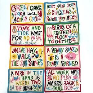 8 Carl Tait cocktail napkins proverbs MCM vintage